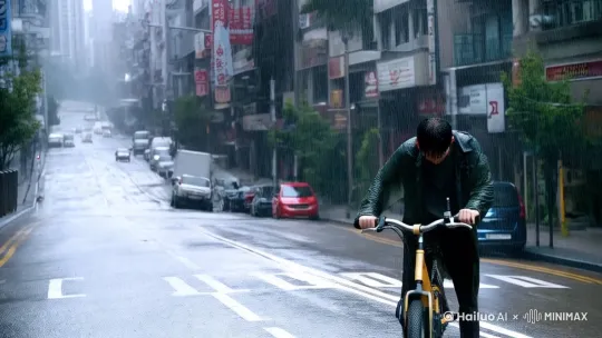 全景带纵深的阴雨繁华都市街头，年轻帅气的眉清目秀的李景川（男主）浑身湿透，凌乱的发型，低头推着破旧电动车走在马路上。镜头特写人物无助的近景。[推进,上升,跟随]视频长度15秒。不要雨伞。画面不要出现文字。电影质感。 by Hailuo AI Video Generator