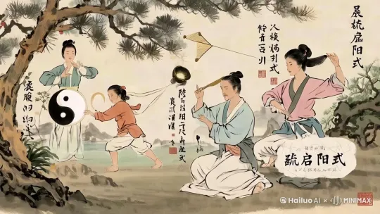 [子弹时间环绕] 武者（玄色练功服+磁石护腕）演练改良八段锦：  
- "双手托天"：掌心血色太极投射任脉光带，天空云层同步开裂  
- "回头望月"：颈椎转动触发膏肓穴热成像，古法艾灸与现代理疗仪影像重叠  
- "攒拳怒目"：足厥阴肝经亮起脉冲光波，冲击波震落虚拟郁结因子（黑色墨点） by Hailuo AI Video Generator
