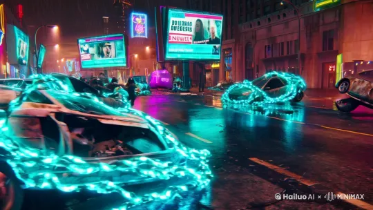 提示词：
"低角度跟拍镜头：破碎的赛博朋克街道，倾覆的悬浮汽车被荧光藤蔓缠绕，酸雨腐蚀的广告牌播放着20年前的新闻全息投影，戴防毒面具的拾荒者手持改装武器奔跑，突然地面裂开涌出机械触手，镜头急速拉升至空中俯视——整条街道塌陷成深渊，爆炸的火光与蓝色数据流特效交织，慢动作飞溅的玻璃碎片反射着霓虹灯光，电影级橙青色调对比"

核心关键词：
荧光变异生态 | 全息投影废墟 | 机械触手突袭 | 慢动作爆炸美学 by Hailuo AI Video Generator