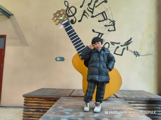让这个小女孩骑上她身后这把打吉他飞上天空，和大大雁群一起飞翔 by Hailuo AI Video Generator