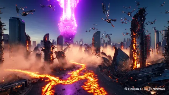 提示词:
"Ultra wide shot of post-apocalyptic megacity ruins, hyper-realistic 8K, cinematic lighting, colossal collapsed skyscrapers engulfed in radioactive fog, rivers of molten lava cutting through streets, flocks of biomechanical drones swarming over debris, distant mushroom cloud glowing with neon-purple radiation, hyper-detailed cracks on asphalt, debris particles floating in air, Unreal Engine 5, HDR, depth of field, trending on ArtStation"
关键词拆解:
超广角俯视 + 巨型废墟 + 放射性雾霾
熔岩河流 + 生化无人机群 + 霓虹紫色蘑菇云
裂痕细节 + 漂浮碎片粒子 + 电影级HDR光影 by Hailuo AI Video Generator