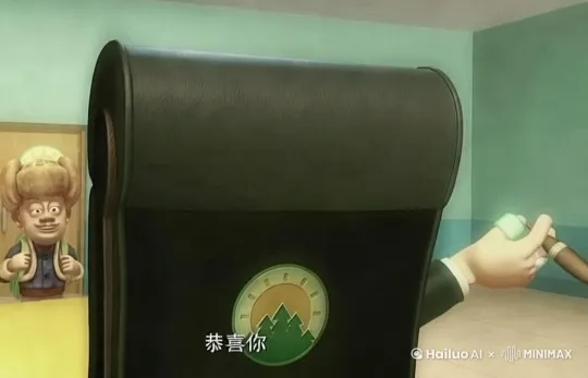 图中，那个男人坐在椅子上和自己的员工聊天，于是坐在椅子上的男人突然从椅子上站了起来，转过身来面向大家走了过来 by Hailuo AI Video Generator