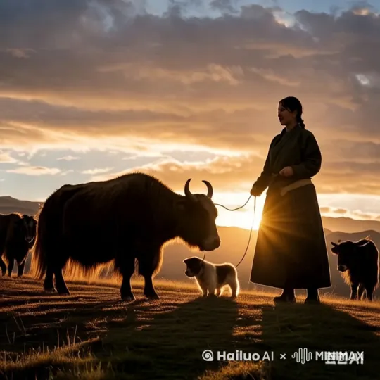 人拉着牛往前面走，小狗紧跟在人的后面，剩下的牛也跟人走 by Hailuo AI Video Generator