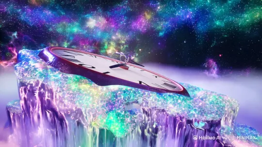 "Fluid clock melting into neon galaxy, Salvador Dali style, hyper-detailed surrealism, glowing particles, cosmic fog, 8k resolution, unreal engine rendering, cinematic lighting, slow motion, perspective distortion, trending on ArtStation" by Hailuo AI Video Generator