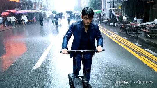全景带纵深的阴雨繁华都市街头，年轻帅气的眉清目秀的李景川（男主）身穿深蓝色破旧的西装，雨水淋的浑身湿透，凌乱的发型，低头推着破旧电动车走在马路上。镜头特写人物无助的近景。[推进,上升,跟随]视频长度15秒。不要雨伞。画面不要出现文字。电影质感。 by Hailuo AI Video Generator