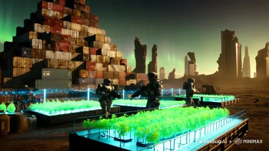 4. 幸存者据点（对比性希望元素）
提示词：
"Wide shot of human fortress in ruins, steel shipping containers stacked into pyramid under aurora borealis, hydroponic farms glowing with bioluminescent algae, armed survivors with cobbled-together exoskeletons patrolling laser fences, background: crumbling skyscrapers vs foreground: vibrant survival tech, photorealistic textures: weathered metal, glowing plants, cinematic fog, Denis Villeneuve's Blade Runner 2049 aesthetic"

关键词拆解：

极光下的集装箱堡垒 + 荧光水培农场

拼装外骨骼守卫 + 激光栅栏

破败与科技生机对比 + 《银翼杀手2049》美学 by Hailuo AI Video Generator