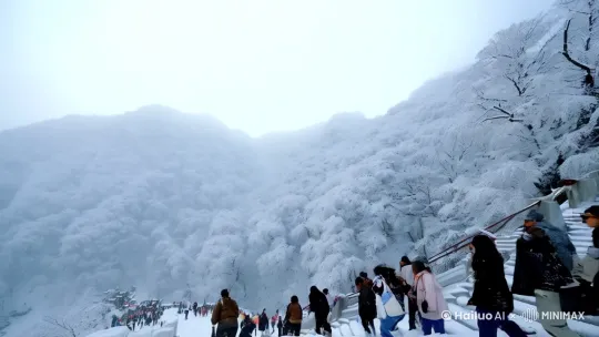[下降,下摇]安徽黄山遇大雪，多名游客摔倒，[跟随]一名女性游客摔倒后顺着楼梯向下滑行好玩。 by Hailuo AI Video Generator