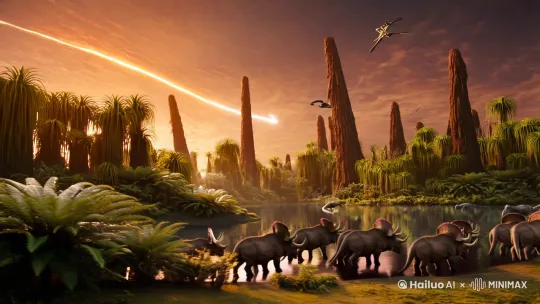 【第一阶段：灾难前兆】
AI提示词：
Cinematic wide shot of Cretaceous landscape, lush ferns and cycads, amber sunset sky, herd of triceratops drinking from volcanic lake, pterosaurs gliding above Metasequoia trees, distant comet trail visible through thin clouds, soft volumetric lighting, muted earth tones with golden hour glow, scientific accuracy, naturalistic textures

画面逻辑：

古银杏和红杉构成垂直层次

火山湖倒映橘色云层中的彗星轨迹

甲龙群在苏铁丛中觅食形成中景动态元素

破败与科技生机对比 + 《银翼杀手2049》美学 by Hailuo AI Video Generator