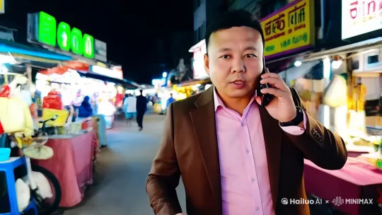 一个身着西装的男人，边走边讲话，走在人来人往的夜市里，两旁都是各样的摊贩，环绕镜头，电影感，写实，画面明朗。 by Hailuo AI Video Generator