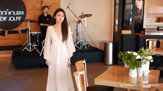 中景，美丽的姑娘穿着漂亮的裙子走进咖啡店，舞台上乐队在演出，镜头跟着拍，她直接走到对面的桌子坐下。 by Hailuo AI Video Generator