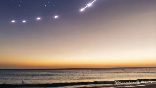 [右移,左摇,跟随]傍晚的海边出现七星连珠的现象，加上合适的音乐 by Hailuo AI Video Generator