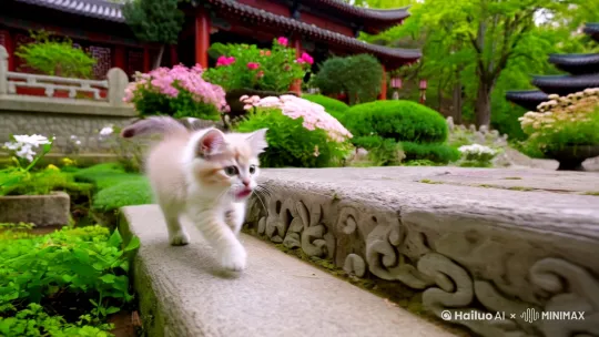 一只两个月左右的小奶猫在一个中式花园里四处捉蝴蝶，捉几次都没捉到 by Hailuo AI Video Generator