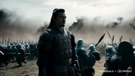 高大威武的将军站在战场指挥威武之师作战 by Hailuo AI Video Generator
