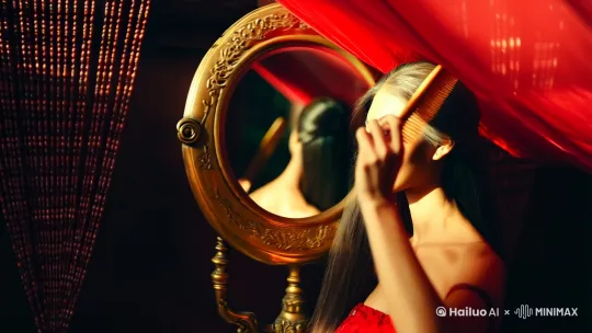 在一个光线昏暗的房间里，一位古代绝世美女对着铜镜梳妆打扮，镜头从后方跟随美女动作，且镜头略高于视平线，聚焦于她手指的木梳上，绝世美女一边梳发，一阵阵微风吹来，吹动了珠帘和红纱，红纱慢慢挡住了美女，画面色调古风古色，光的微妙变化增强了人物动作的真实感，美女身上的阴影和高光交相辉映。视频尺寸是19:9 by Hailuo AI Video Generator