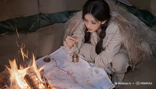 Dutch angle rotation around campfire, embers rise toward Milky Way, character's fingers flip map corners in wind, shadow of grazing yak moves in background --transition fade" by Hailuo AI Video Generator