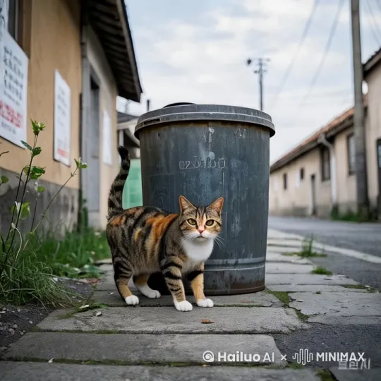 镜头移动，动态跟随。猫咪把垃圾桶扒拉翻了扣到了自己的头上，从垃圾桶中跑出来很多大老鼠，猫咪顶着垃圾桶疯狂跳跃、奔跑 by Hailuo AI Video Generator