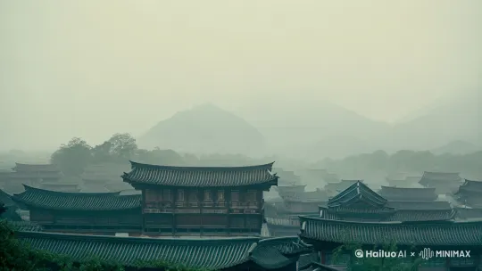 远景江南古镇，烟雨蒙蒙，中景红衣女侠头戴斗笠，背负双手，矗立在飞檐之上，望向远方，裙角飞扬，远山淡影。 by Hailuo AI Video Generator