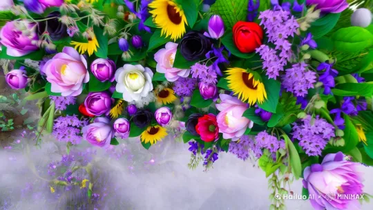 要美丽的花卉种类**：玫瑰、樱花、莲花、向日葵、郁金香、牡丹、薰衣草、紫罗兰、蒲公英、兰花、鸢尾、百合、绣球、曼陀罗、昙花（夜间绽放特写）
- **颜色**：渐变花瓣、彩虹色、荧光色、单色系（纯白/深红/暗黑）、发光花瓣、透明花瓣
- **季节元素**：春日花海、夏日荷花池、秋日枫叶与菊花、冬季雪花覆梅

---

### **二、视觉风格关键词**
- **艺术风格**： 
  - 写实：8K超清、微距摄影、自然纪录片风格
  - 抽象：流体艺术、几何解构、粒子消散、梵高星空笔触
  - 奇幻：赛博朋克霓虹花、蒸汽机械花、水晶雕塑花、火焰花瓣
  - 传统：水墨晕染、浮世绘、水彩晕染、剪纸艺术
- **场景氛围**：
  - 场景：空中漂浮花园、深海发光花丛、沙漠绿洲花田、未来温室实验室
  - 氛围：迷雾森林、极光下花丛、黄昏逆光、雨后水滴特写、时间流逝（花开到凋零）

---

### **三、动态效果关键词**
- **运动轨迹**： 
  - 花瓣随风飘落、花蕊颤动、藤蔓生长缠绕、花朵旋转绽放
  - 慢动作（0.5倍速）、延时摄影、镜头穿梭花丛
- **特效**：
  - 元素互动：花瓣化为蝴蝶/光点、花粉扩散、水流穿过花瓣
  - 超现实：重力反转（花朵向上生长）、碎片重组、镜像对称空间花 by Hailuo AI Video Generator