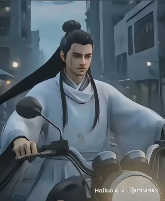 图片中的人骑着摩托而去，镜头慢慢拉远 by Hailuo AI Video Generator