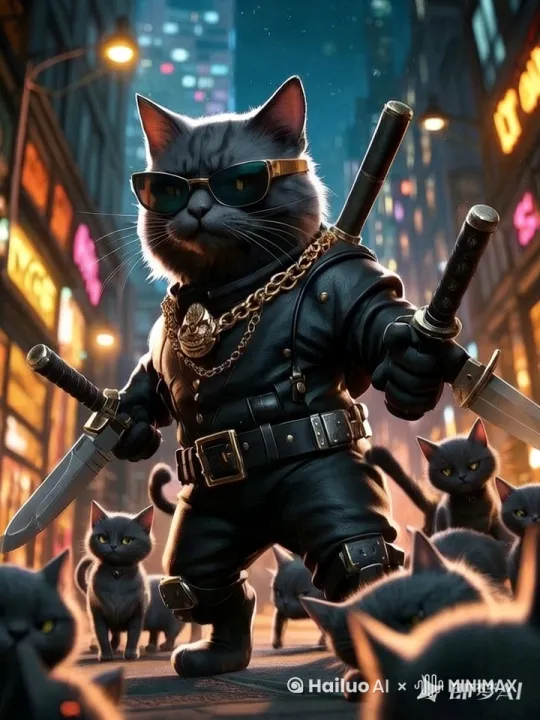 猫武士千寻微微抬头，眼神锐利而坚定，尾巴轻轻摆动，展现出自信与威严 by Hailuo AI Video Generator