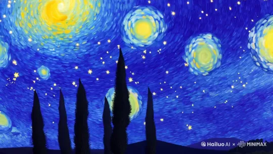 "Create a video in the style of Van Gogh's 'Starry Night' with a dreamy and dynamic atmosphere. Use deep blues for the background, bright yellows and whites for the stars, and swirling nebulae and flowing clouds. Include a bright moon and twisted cypress trees. The stars should twinkle, and the nebulae should slowly rotate and flow. Add a soothing piano soundtrack with gentle environmental sounds like wind and crickets. The video should loop continuously with slow changes and a steady rhythm." by Hailuo AI Video Generator