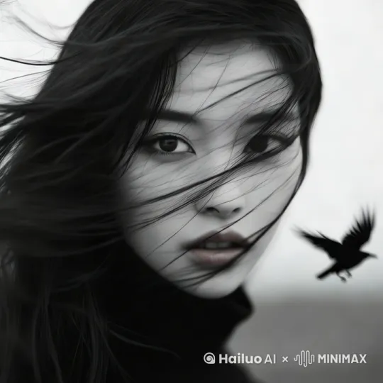 摄影机从左到右横向移动，风吹头发，乌鸦飞 by Hailuo AI Video Generator