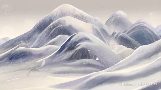 全景镜头：

水墨晕染的群山连绵起伏，山顶覆盖棉花糖般的积雪

浅灰色天空飘落羽毛状的雪花（慢速飘落）[左摇]

留白处浮现半透明的飞鸟虚影，逐渐消散成雪粒[变焦推进]
动画细节：

山脚点缀红色小浆果（吸引宝宝注意力）

雪花落地时发出「噗」的轻柔音效 by Hailuo AI Video Generator