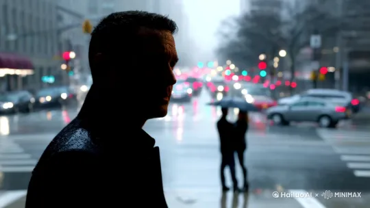 下雨天一个男子在下雨天一个男子在十字路口等待他的爱人。但是他看到他的爱人和别的男人在雨中拥抱。[右移,左摇,跟随] by Hailuo AI Video Generator