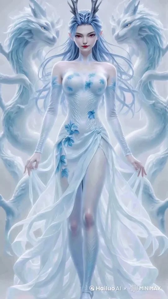 视频展示:敖闰，女性，妩媚，蓝色头发，微微发红的眼睛，眼睛边有发光的蓝色龙鳞，头上有两跟龙角，头发散开，飞舞着，诡魅的眼神，蓝色的龙鳞衣服，他是西海龙王的化身，身体周围环绕着水墨元素，在米兰时装秀T台上走秀，聚光灯跟随，台下两侧都是观众，镜头拉进。” 电影《哪吒之魔童闹海》风格，细腻的细节，高清晰度，8k，写实，OC渲染。 by Hailuo AI Video Generator