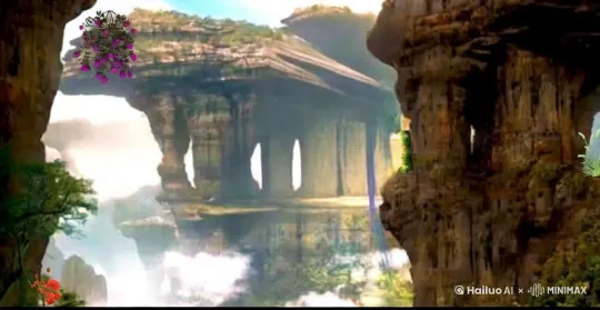 一个人划着船，水面出现了涟漪，水汽从山涧昌出。电影格式 by Hailuo AI Video Generator