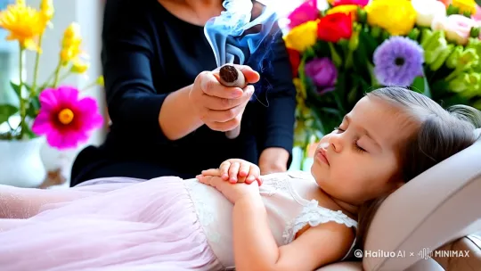 一个漂亮的小女孩趴在美容床上，妈妈站在床边给她背后用粗艾条做艾灸，很享受的样子！傍边还有好多鲜花 by Hailuo AI Video Generator