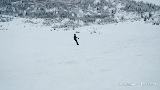 [右移,左摇,跟随]场景白雪皑皑，哪吒在雪地滑雪，单人滑雪板， by Hailuo AI Video Generator