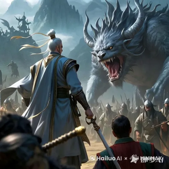 姜子牙手持轩辕剑，身穿道袍，在指挥着天兵天将与巨型魔兽战斗，魔兽已经越来越多 by Hailuo AI Video Generator