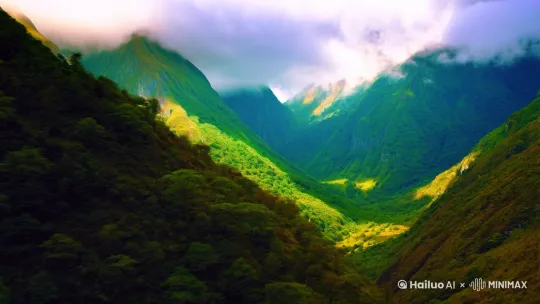 A peaceful valley surrounded by lush green mountains, soft morning mist covering the peaks, sunlight filtering through the clouds, serene and harmonious nature, realistic style, vibrant colors Gradually advancing by Hailuo AI Video Generator