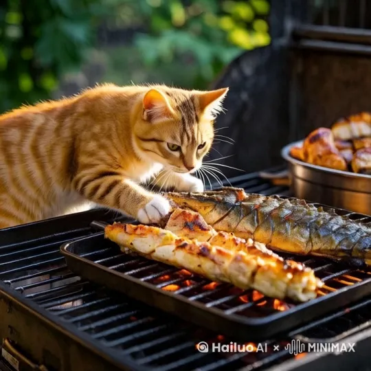 小猫正在烤鱼吃，吃的津津有味，视频生成10-20秒 by Hailuo AI Video Generator