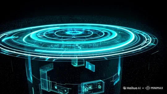 Futuristic translucent hologram UI rotating in dark space, glowing cyan data streams flowing through geometric wireframes, particle effects with
mathematical symbols, Unreal Engine 5render, 8K 60fps, --ar 1:1 by Hailuo AI Video Generator