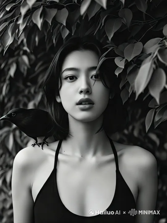 风吹动树叶和女孩头发，鸟看向摄影机 by Hailuo AI Video Generator