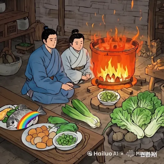 让男时候占让男生站起来，拿着白菜出门，让女生做出哭的表情，桌上的鱼动动尾巴 by Hailuo AI Video Generator