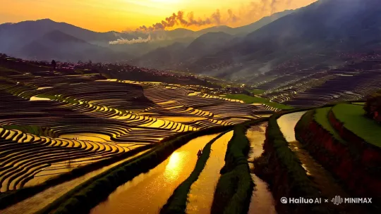超广角低空掠影穿越层层梯田，水面倒映朝霞形成金色镜面，摄像机以30度仰角缓推至地平线，延时摄影捕捉光影在千层水田的流动，哈尼族村落炊烟在逆光中升起"
   *运镜：贴地飞行+仰角缓推+延时叠加* by Hailuo AI Video Generator