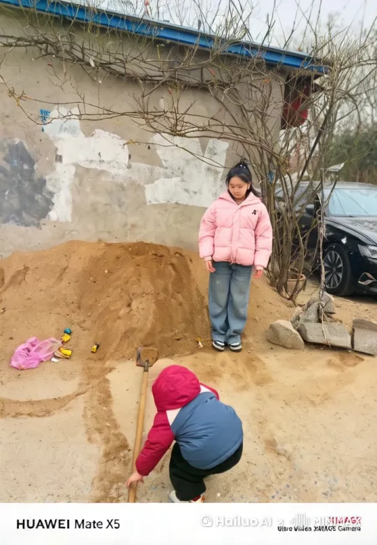 有两个小孩打架的场景。照片里有两个小孩，其中一个小孩穿着粉色羽绒服跳起来打另一个小朋友，另一个小孩穿着深色衣服，手里拿着一把铲子，打另一个小朋友，打的非常激烈周围还有几个人站在一旁，似乎是在看着这两个小孩。背景是一栋老房子，房子上挂着红色的灯笼，看起来像是农村或小镇的场景。照片整体给人一种宁静和谐的感觉，并没有激烈的冲突场面。 by Hailuo AI Video Generator