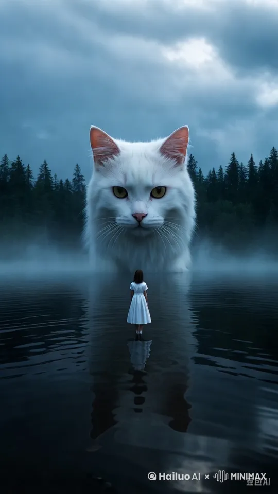 [右移,左摇,跟随]猫咪歪头杀，叫了一声喵，很可爱。但是，小女孩吓得往后退了一步。湖面的雾气散开！ by Hailuo AI Video Generator