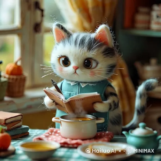 猫咪看书，翻书，搅动锅里的汤，喝汤[推进,变焦推进] by Hailuo AI Video Generator