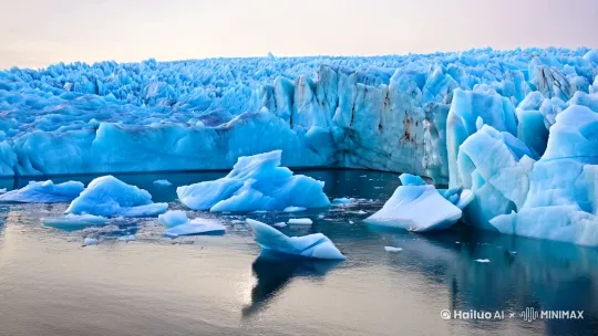 Time-lapse of massive glacier collapsing into ocean, icebergs flipping in slow motion, drone perspective showing simultaneous wildfires on distant shores, photorealistic 4K with dramatic orange-blue contrast, --ar 16:9 by Hailuo AI Video Generator