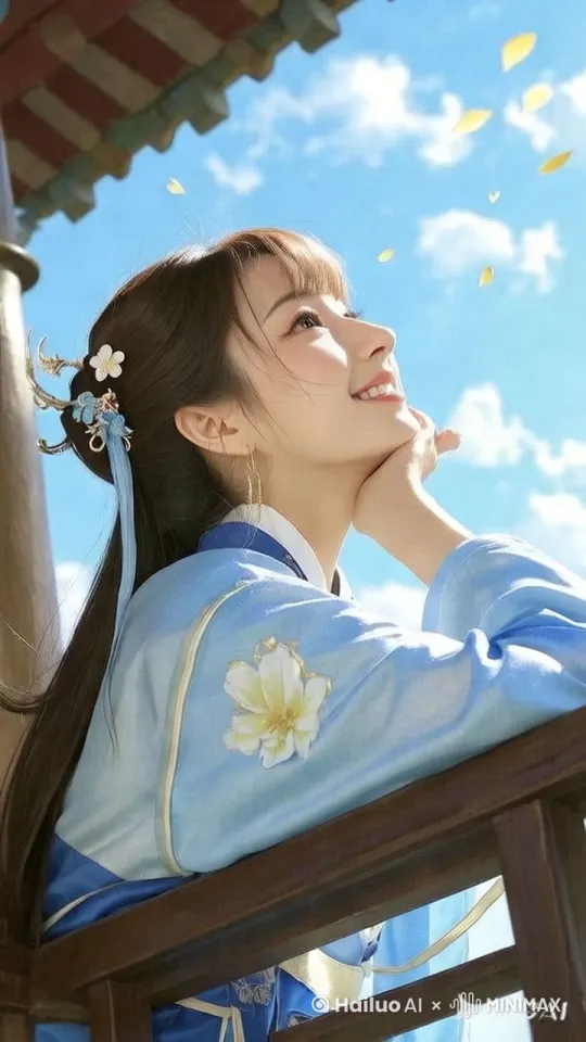 固定镜头，花瓣飘落，少女笑着转过头看向我 by Hailuo AI Video Generator