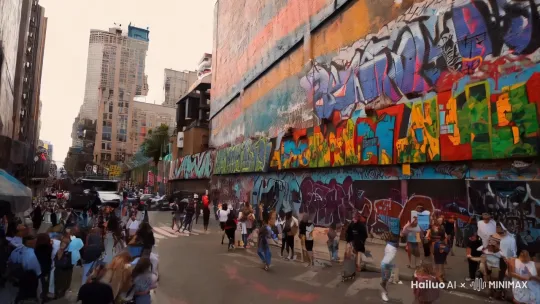 A dynamic video featuring a robot performing street dance in an urban environment. The scene opens with a wide shot of a vibrant city street, filled with graffiti art and bustling with energy. The camera slowly zooms in on the robot, showcasing its sleek metallic design and LED lights that pulse in sync with the beat of the music. As the robot begins to dance, the camera captures a series of smooth transitions, including close-ups of its intricate movements and wide shots that highlight its impressive choreography. The pacing of the video matches the rhythm of the music, with seamless cuts that emphasize the robot's fluidity and precision. Background elements like passersby and street performers add to the lively atmosphere, while dynamic camera angles, such as low-angle shots and tracking movements, enhance the overall excitement of the performance. The video concludes with a final spin of the robot, fading out as it strikes a pose, leaving viewers captivated by the fusion of technology and dance. by Hailuo AI Video Generator