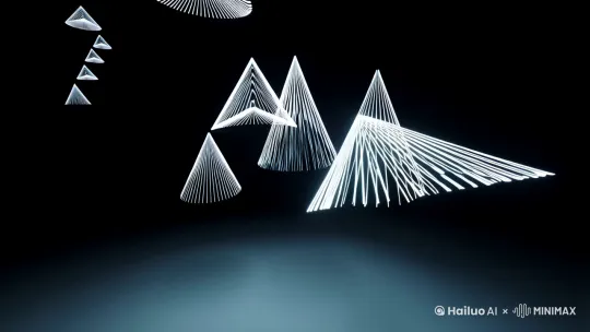 Minimalist white geometric shapes floating in dark space, glowing edges pulsing to ambient electronic music,triangular prisms rotating with refractive light beams, monochrome cyan color scheme, 4K loopable animation, --ar 1: by Hailuo AI Video Generator