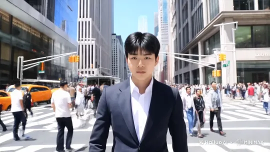 一个穿西装的男人，走在纽约CBD中心马路上，表情严肃，周围都是高楼大厦和人群，环境镜头，写实，电影感，画面明亮 by Hailuo AI Video Generator
