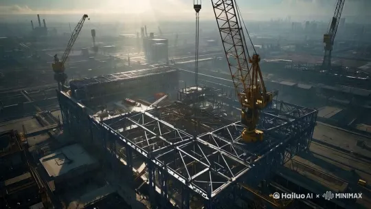 厂房建造大场景右移动，左摇后拉镜头 by Hailuo AI Video Generator
