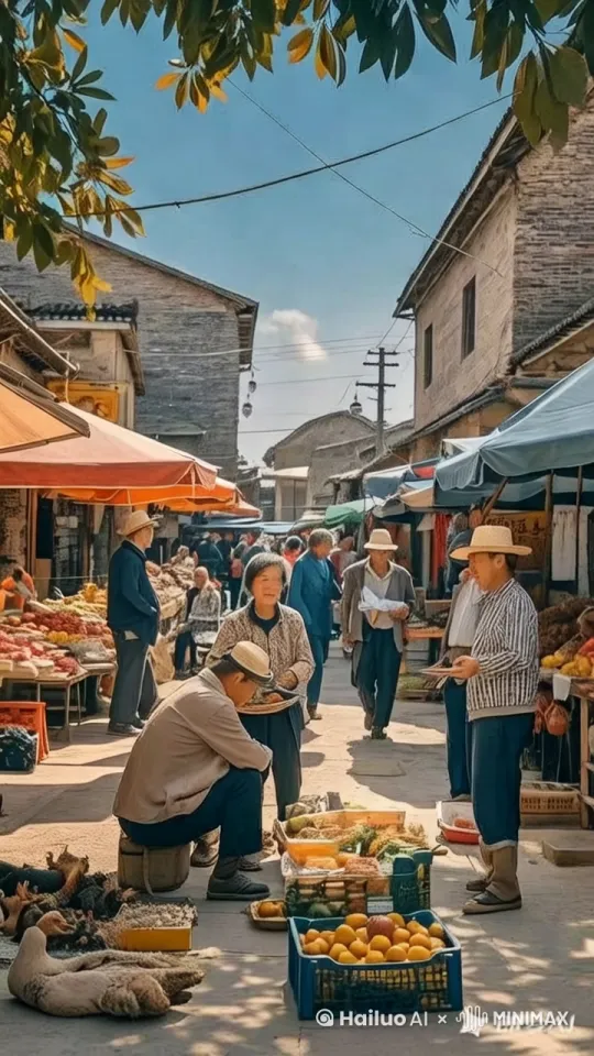 带草帽的大哥在表演武功，买水果的大爷看不过去就起身和带草帽的大哥打起来了，旁边的老太太骑着摩托走了 by Hailuo AI Video Generator