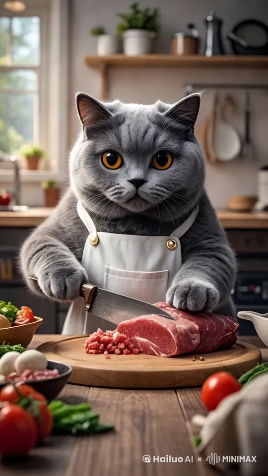 一只蓝猫在厨房切肉 by Hailuo AI Video Generator